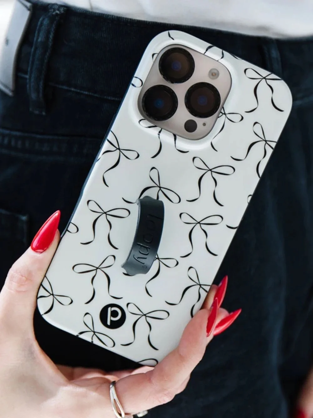 Loopy White Phone Case with Black Ribbon Bow Pattern and Black Grip 15 pro max
